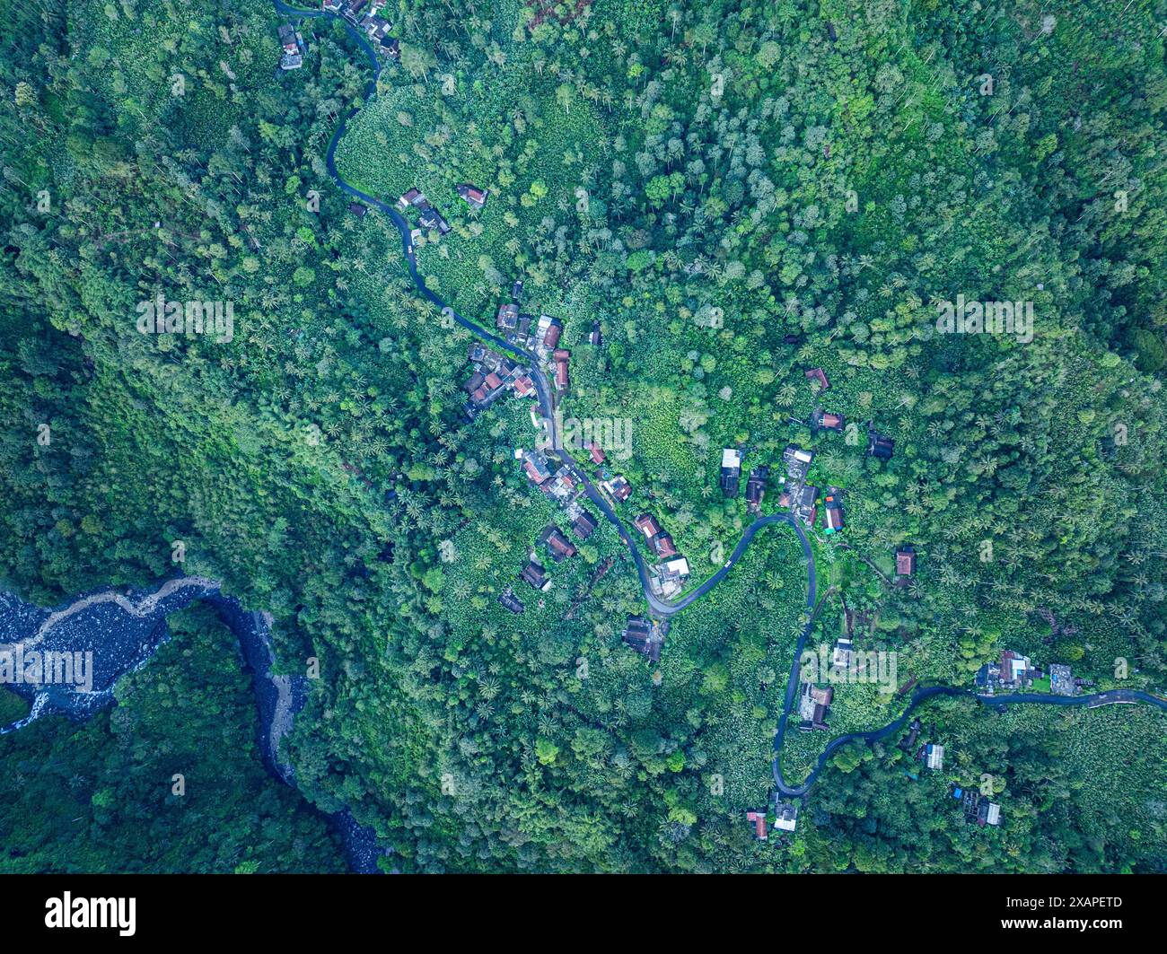 Aerial view Kabut Pelangi Waterfall in East Java. The waterfall stream ...