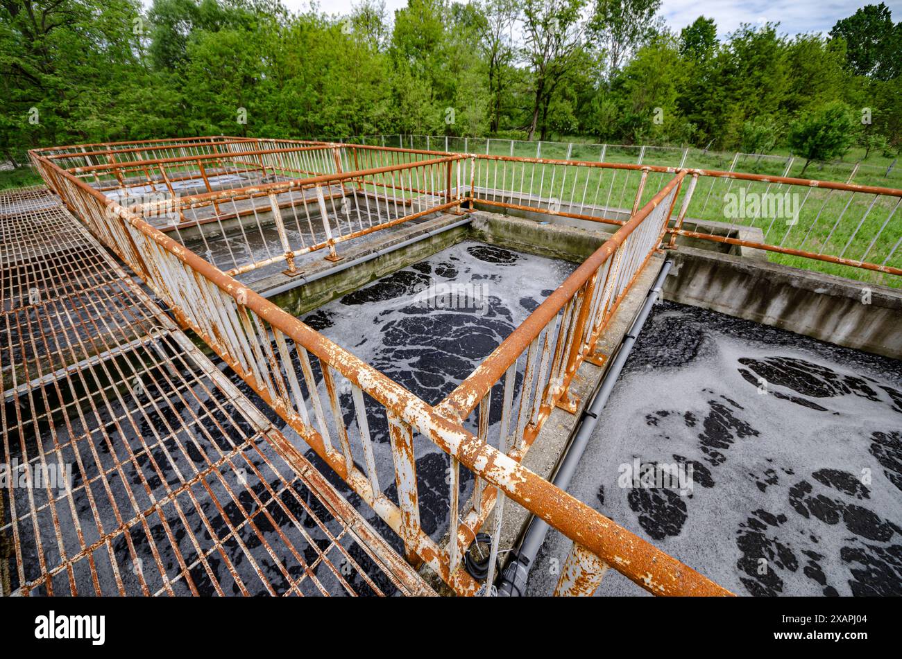 aeration tanks, wastewater and sewage treatment plant, industrial water recycling and purification Stock Photo