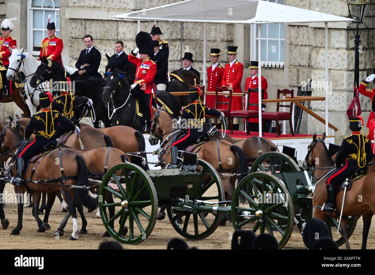 Horse Guards Parade London, UK. 8th June, 2024. The Colonel’s Review of the Trooping of the Colour for the King’s Birthday Parade takes place. This formal State Ceremonial Parade rehearsal is the final formal review in full dress uniform of the troops and horses before parading for HM The King’s Official Birthday Parade on the 15th June. The soldiers are inspected by Lieutenant General Sir James Bucknall KCB CBE who takes the salute (centre in picture), standing in for Catherine, Princess of Wales. Credit: Malcolm Park/Alamy Live News Stock Photo