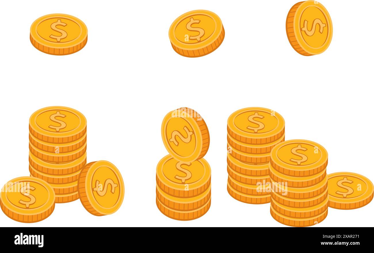 Set of realistic golden coins pile. Different Stacks of gold money ...