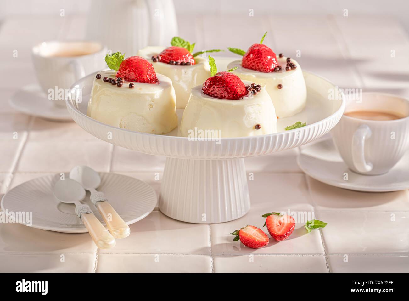 Tasty cheesecake monoportion with strawberries and vanilla glazed