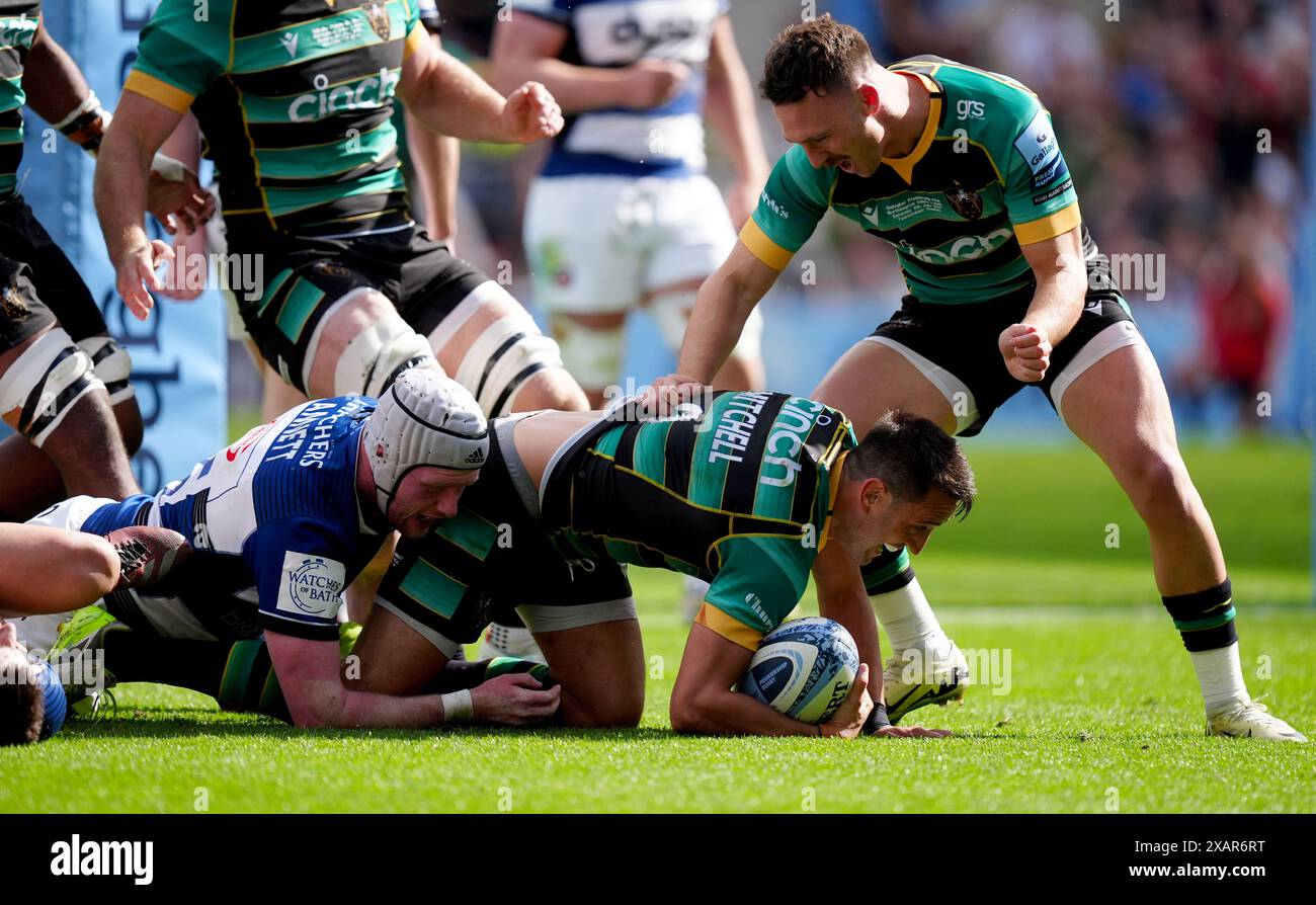 Northampton Saints' Alex Mitchell scores a try during the Gallagher Premiership final at Twickenham Stadium, London. Picture date: Saturday June 8, 2024. Stock Photo