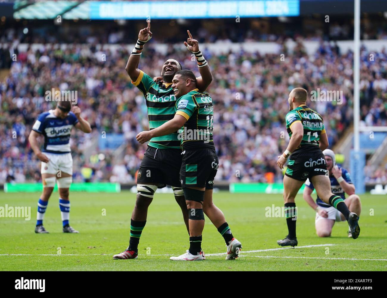 Northampton Saints' Temo Mayanavanua and Sam Matavesi celebrate winning the Gallagher Premiership final at Twickenham Stadium, London. Picture date: Saturday June 8, 2024. Stock Photo