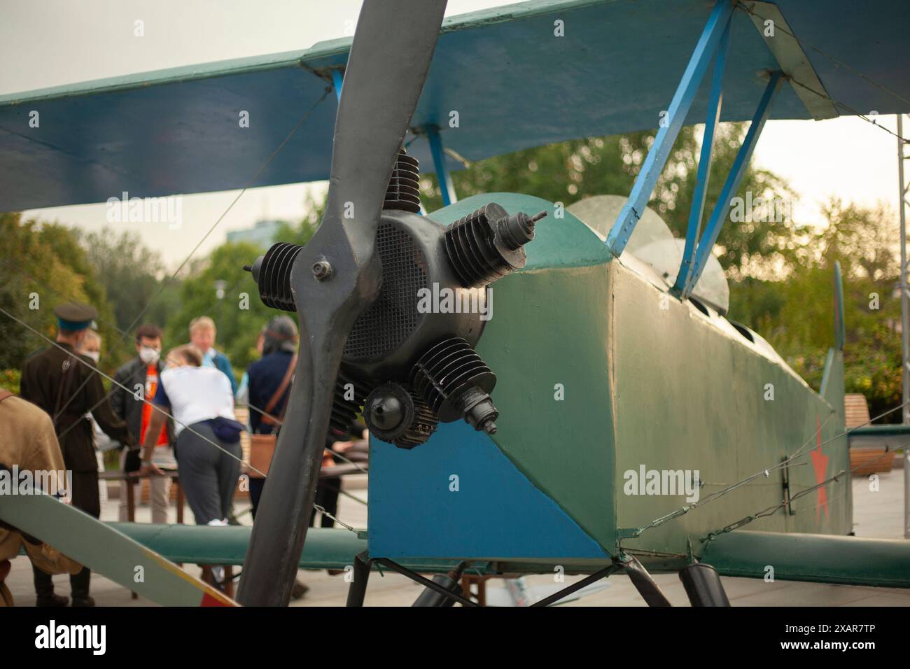 Vintage Airplane. The glider is on the ground. Aircraft propeller. An