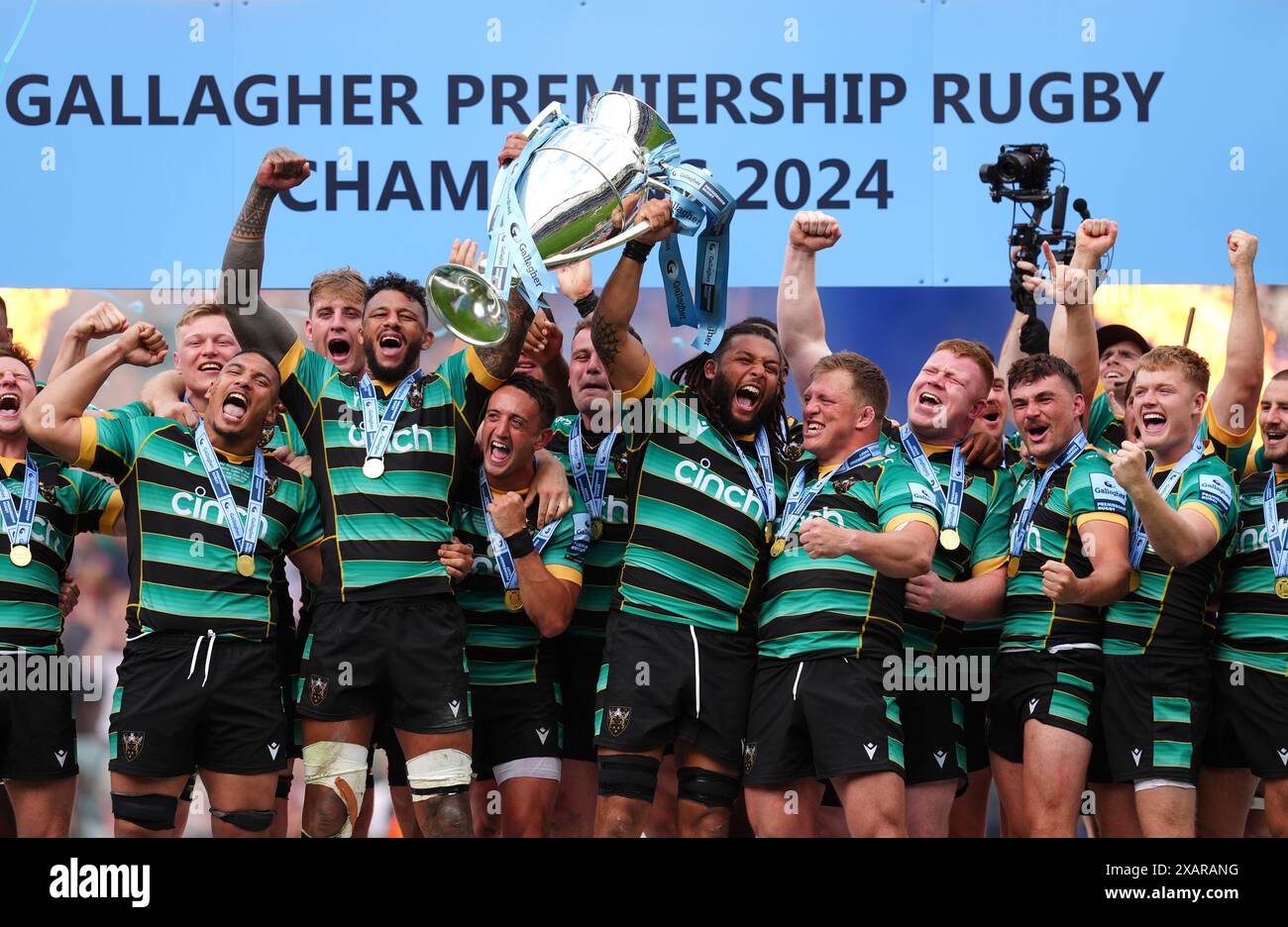 Northampton Saints celebrate with the trophy after winning the Gallagher Premiership final at Twickenham Stadium, London. Picture date: Saturday June 8, 2024. Stock Photo