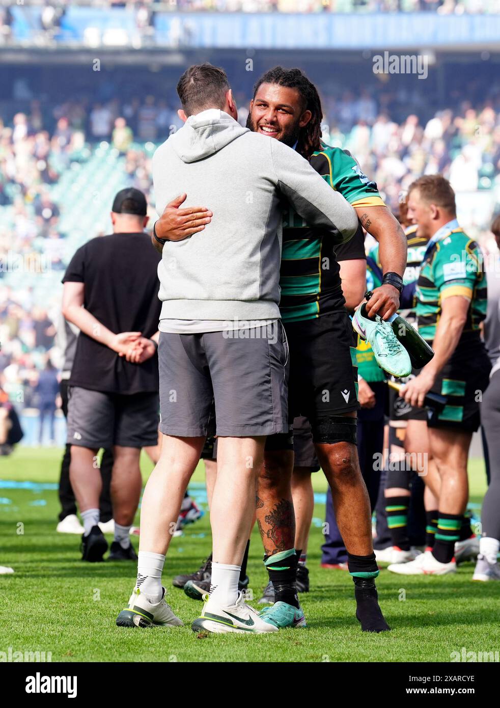 Northampton Saints Director of Rugby Phil Dowson (left) congratulates Northampton Saints' Lewis Ludlam after the Gallagher Premiership final at Twickenham Stadium, London. Picture date: Saturday June 8, 2024. Stock Photo