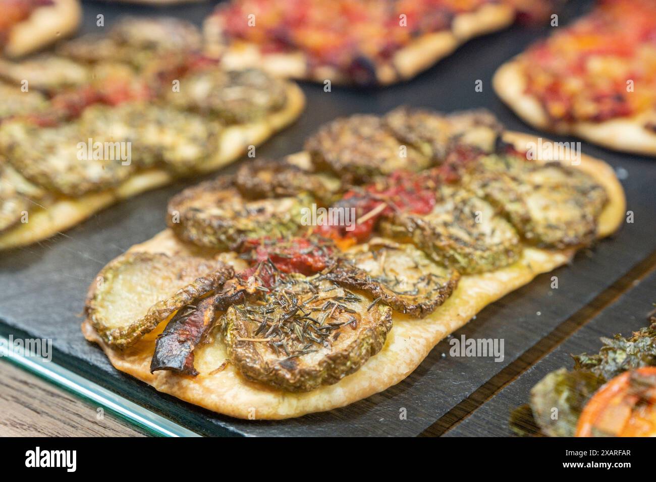 Coca de Carabassi, Mercat de l Olivar, Palma, Mallorca, Balearic Islands, Spain. Stock Photo