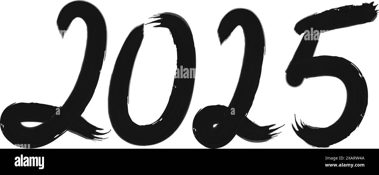 2025 brush painted calligraphy numbers transparent background. Sign for