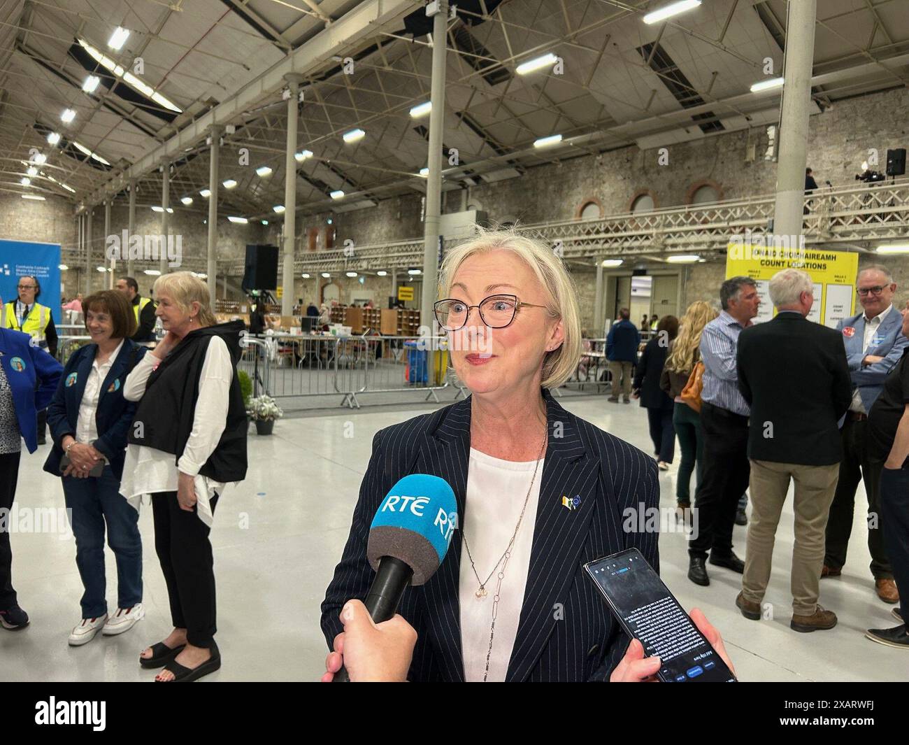 Fine Gael Senator Regina Doherty, a candidate for the European Parliament, speaking to the media at the RDS in Dublin during the count for the local and European elections. Picture date: Saturday June 8, 2024. Stock Photo