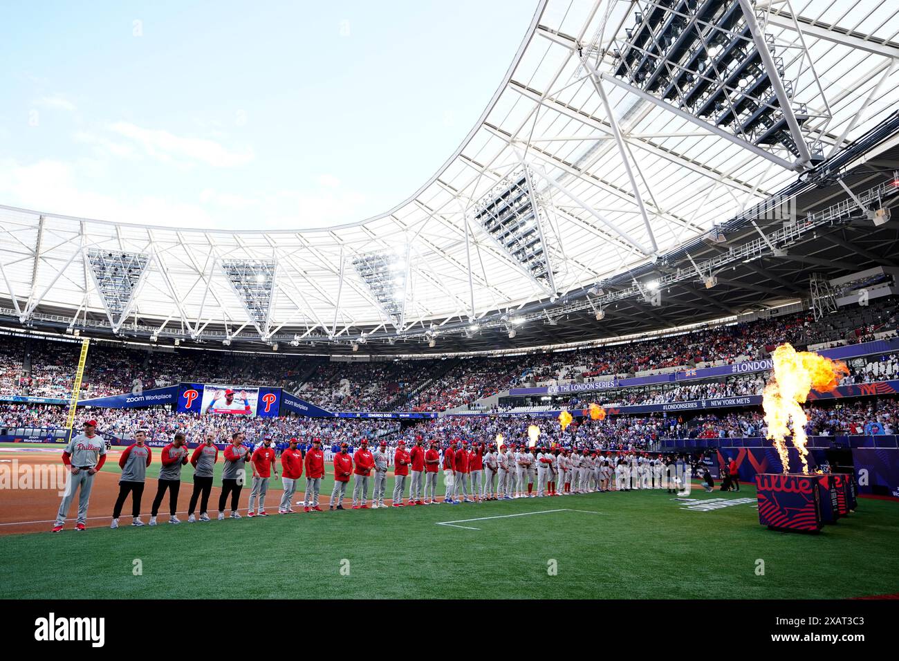 The teams line up on day one of the MLB London Series Match at the