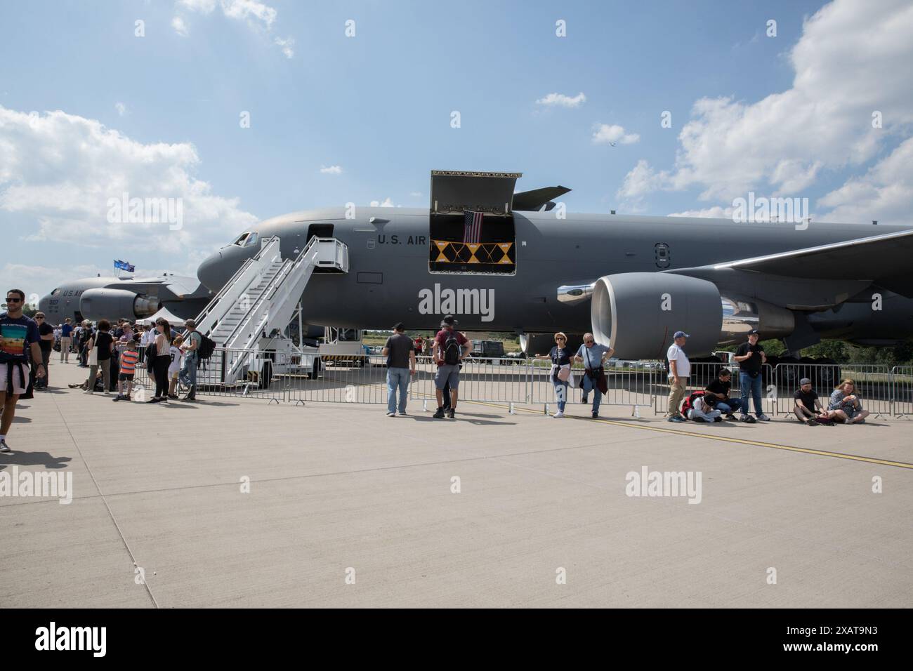 The ILA Berlin 2024, one of the world's leading aerospace trade fairs, dazzled attendees with various military and civilian aircraft on June 8, 2024. The event, held at the Expo Center Airport near Berlin Brandenburg Airport (BER), saw sunny skies and a bustling crowd eager to witness the latest in aviation technology. Alongside the F-35, attendees could explore various other aircraft, including the Eurofighter, A400M transport plane, and cutting-edge drones and helicopters?. ILA Berlin 2024 also highlighted significant advancements in sustainable aviation technology. The German Aerospace Cent Stock Photo