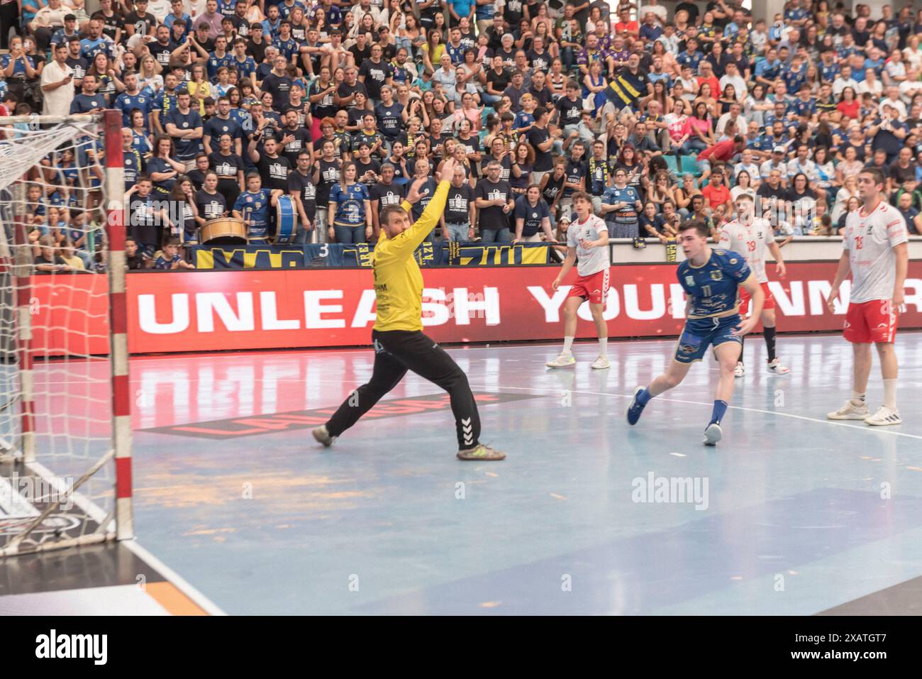 Cangas, Pontevedra, Spain. Jun 08th, 2024. the team of Balonmano Cangas gets the permanence in the national league. match of end of league of first national division between Frigoríficos Do Morrazo Cangas and Burgos Balonmano..Xan Gasalla / Alamy Live news. Stock Photo