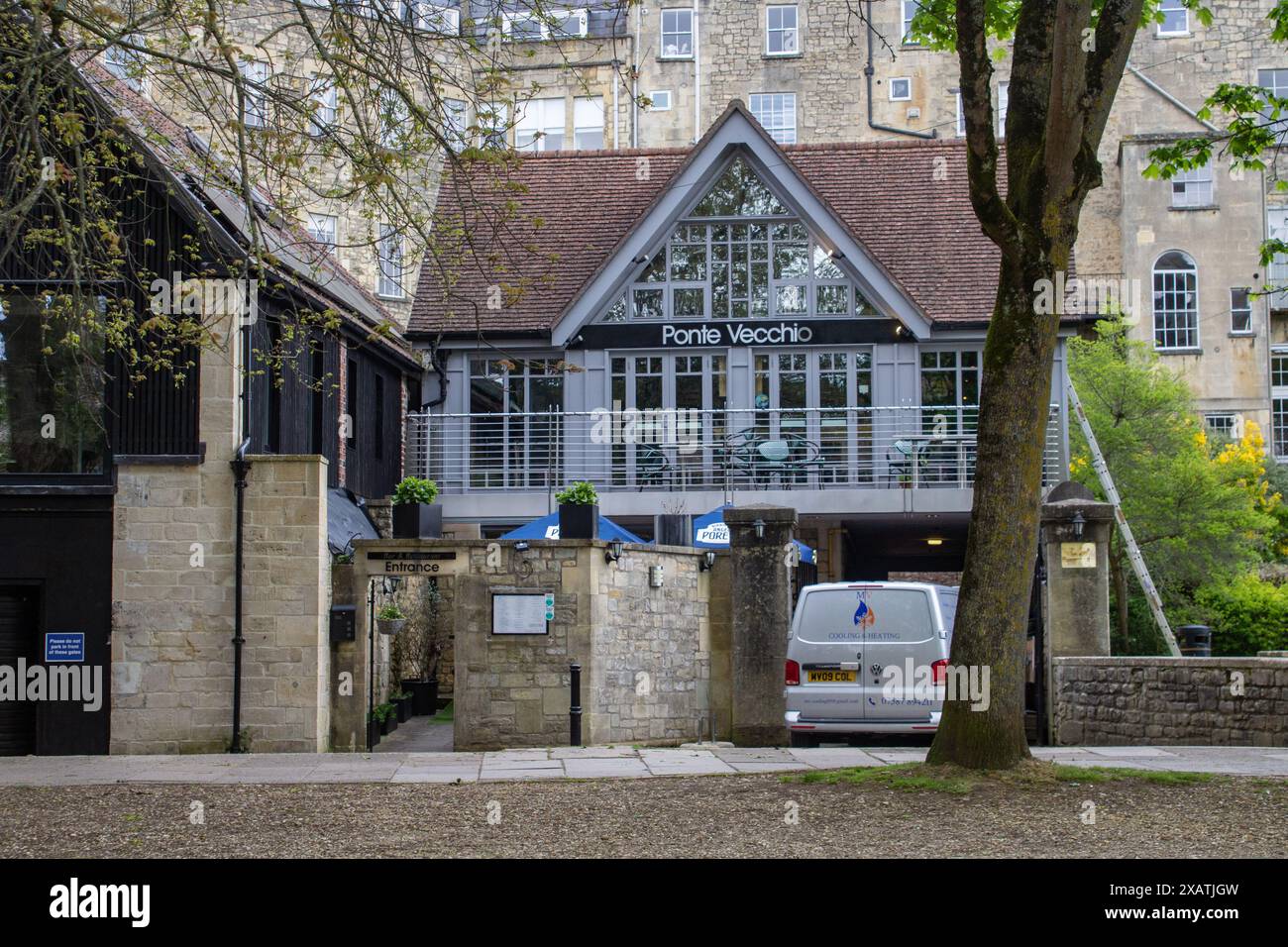 The Ponte Vechio Italian Restaurant located on the bank of the River Avon in Bath Somerset England Stock Photo