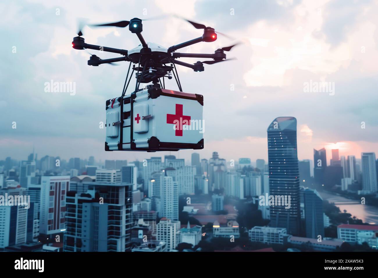 Medical Drone Delivering Supplies to Hospital Rooftop and Transporting Equipment Over Urban Area