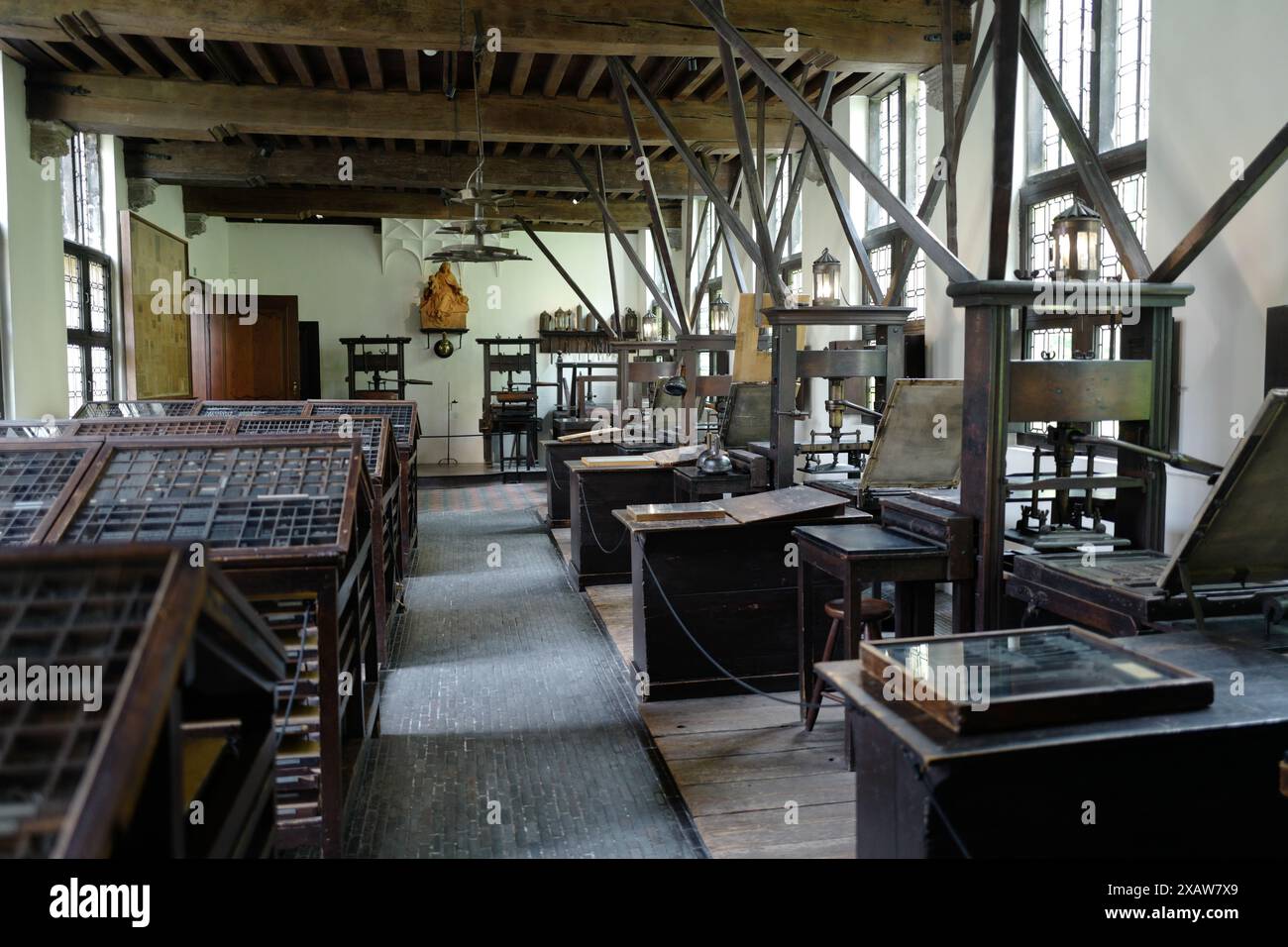 Row of printing presses at the Plantin-Moretus museum in Antwerp Stock Photo