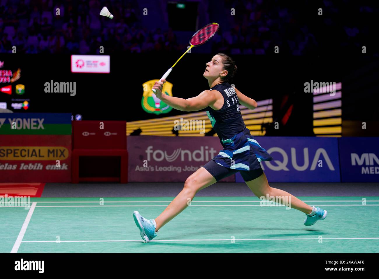 Jakarta, Indonesia. 08th June, 2024. Carolina MARIN of Spain in action during the singles match on day five of the Kapal Api Indonesia Open against CHEN Yu Fei of China at the Istora Gelora Bung Karno on June 8, 2024 in Jakarta, Indonesia Credit: IOIO IMAGES/Alamy Live News Stock Photo
