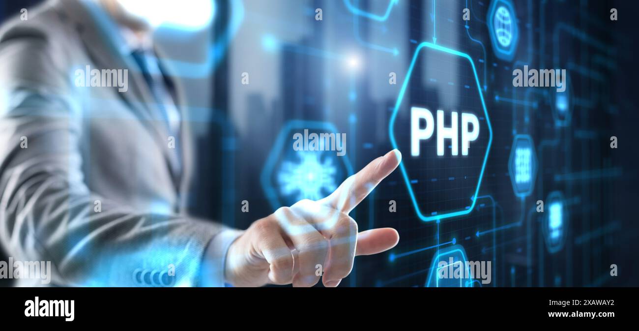 Hypertext Preprocessor PHP Programming. Interpreted programming language. Stock Photo