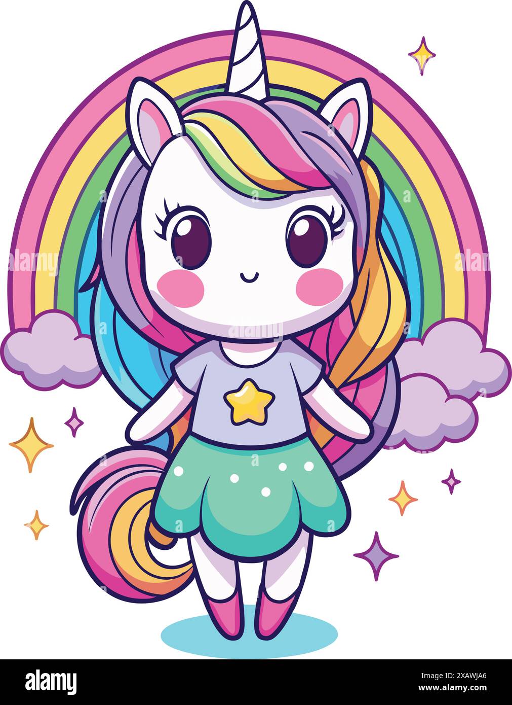 little unicorn girl with rainbow. Vector illustration Stock Vector