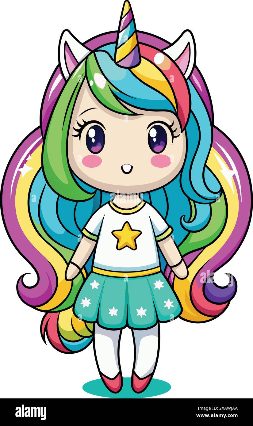 little unicorn girl with rainbow. Vector illustration Stock Vector