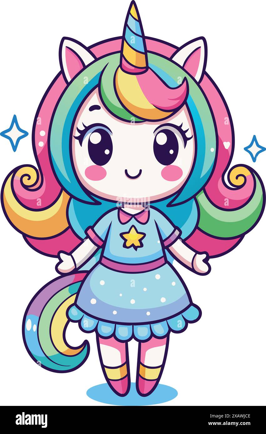 little unicorn girl with rainbow. Vector illustration Stock Vector