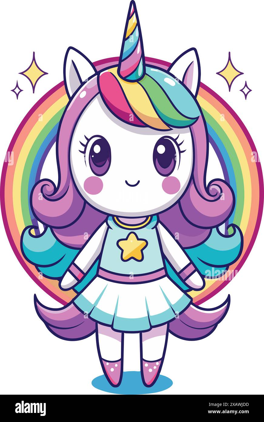 little unicorn girl with rainbow. Vector illustration Stock Vector