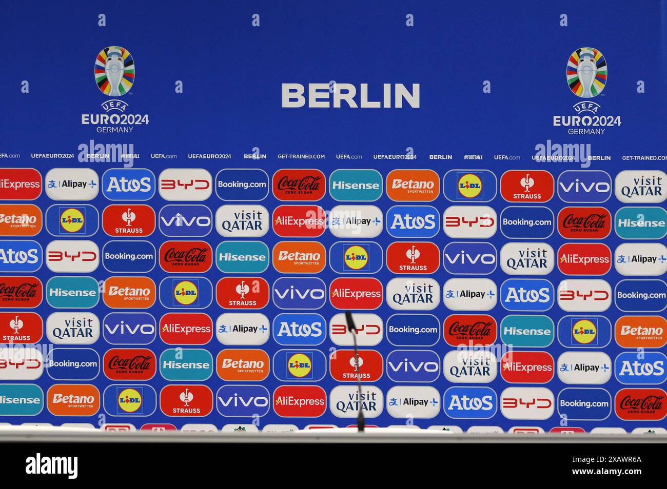 Berlin, Germany - June 7, 2024: UEFA EURO 2024 advertisement decoration signboard seen in Press Conference Room of Olympiastadion Berlin during Open Media Day in week before UEFA EURO 2024 Tournament Stock Photo