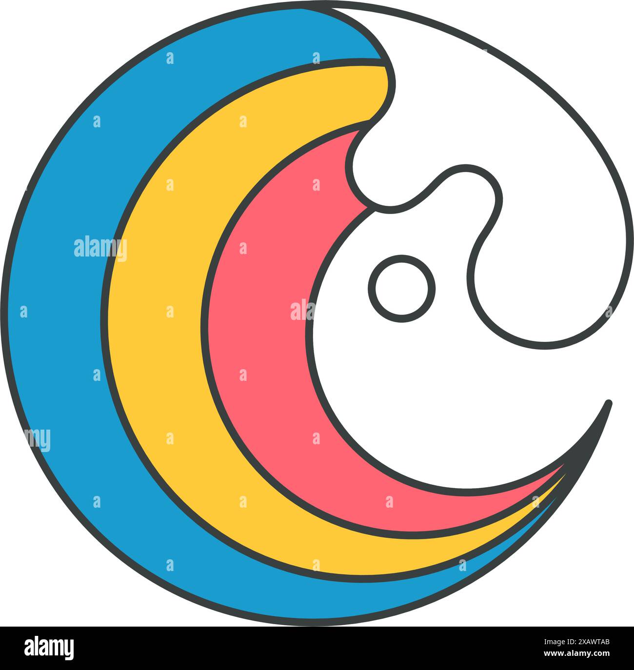 Abstract rainbow curved half moon wave foamy water splash pop art groovy style t shirt print decorative design vector cartoon illustration. Creative a Stock Vector