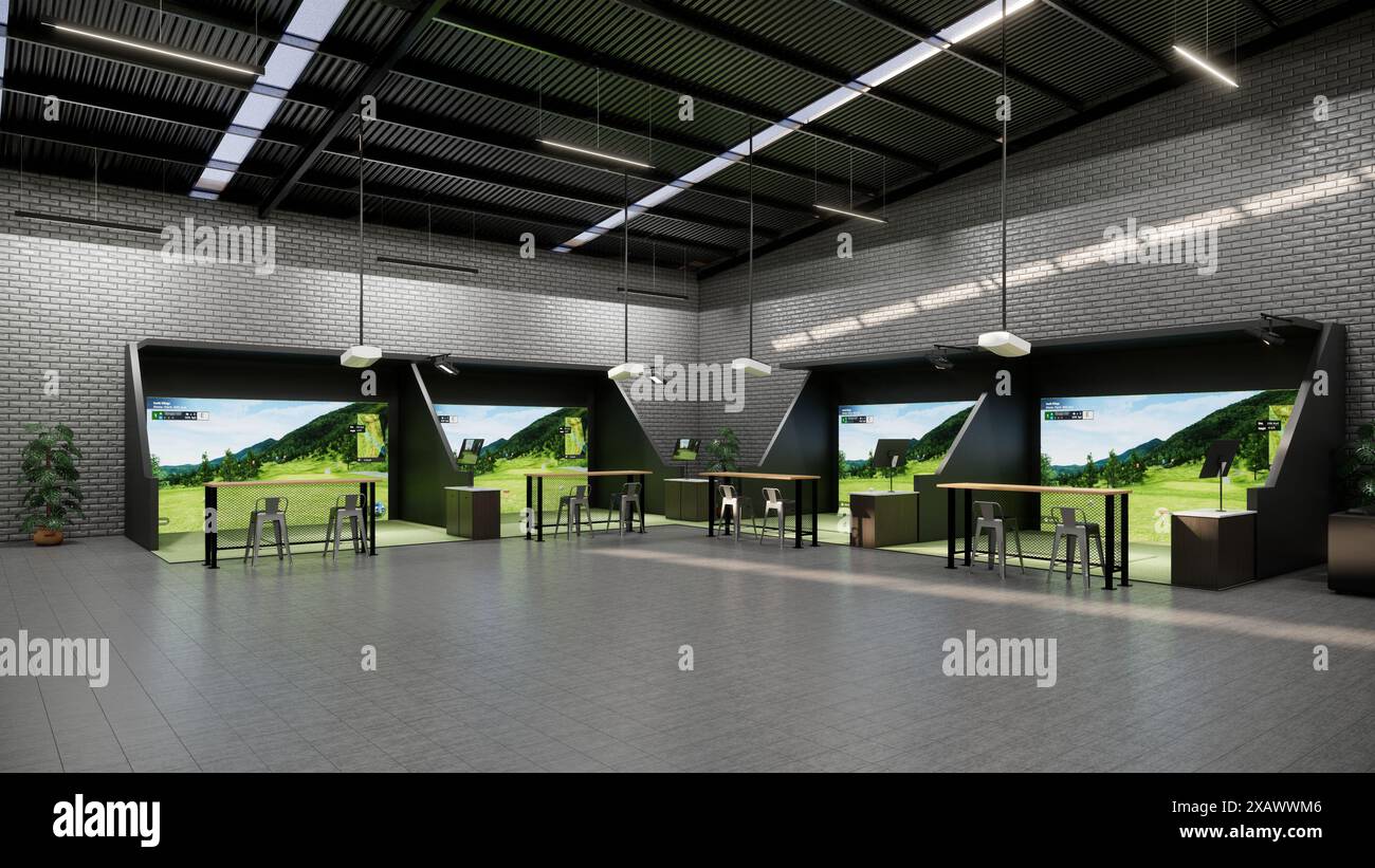 rendering of a modern indoor golf simulator with a hitting station, projection screen Stock Photo