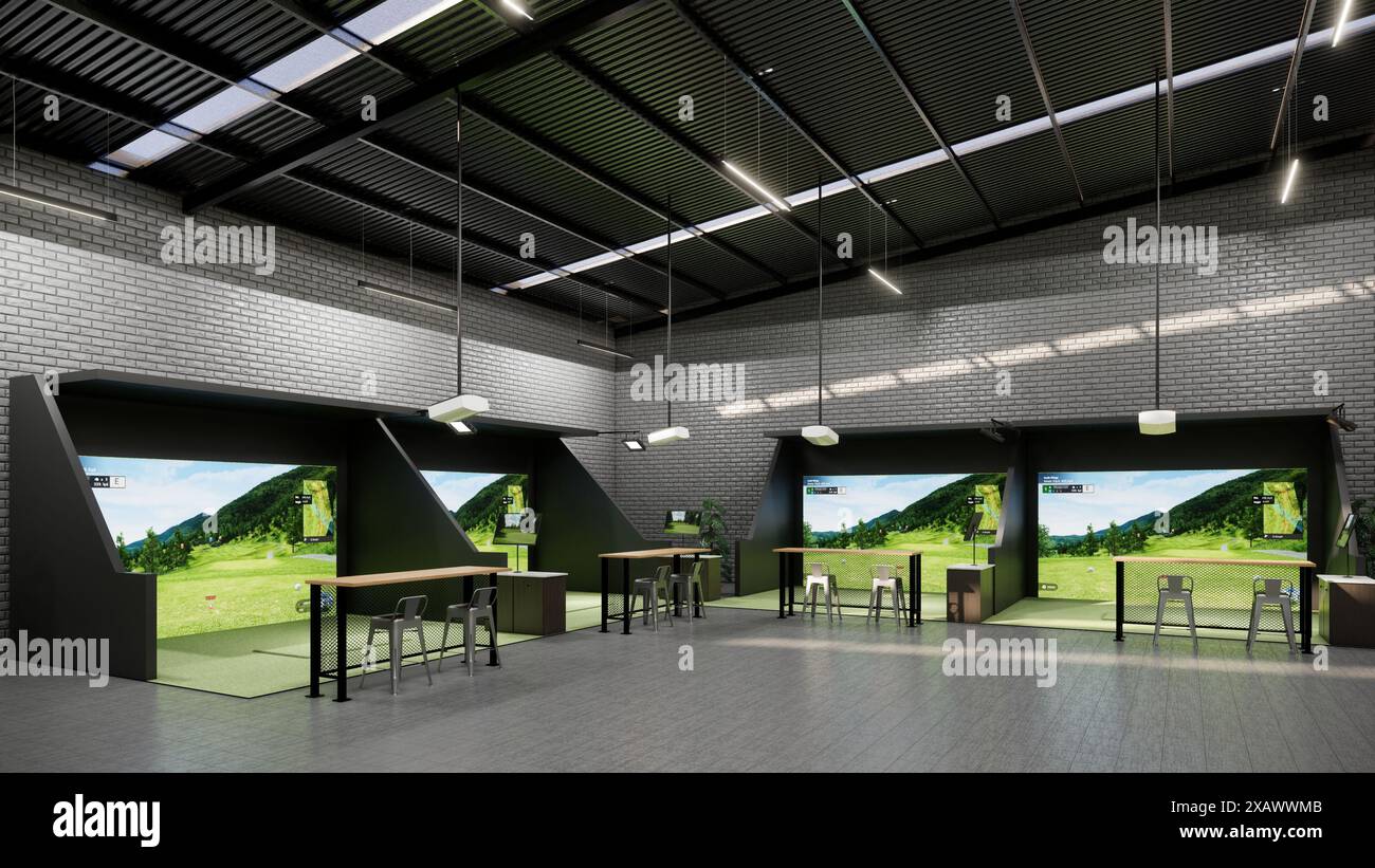 rendering of a modern indoor golf simulator with a hitting station, projection screen Stock Photo