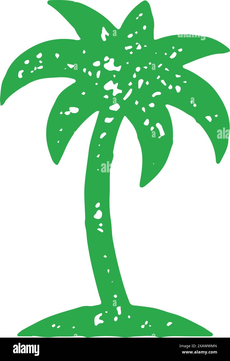 Curved natural palm tree with trunk and leaves green grunge texture decorative illustration. Exotic plant decorative logotype symbol of summer travel Stock Vector