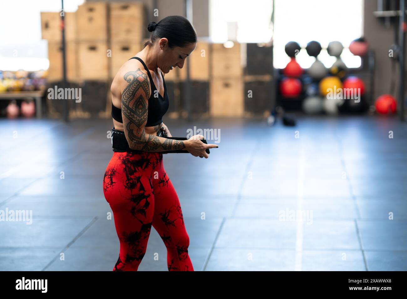 Strong woman attaching a belt to weightlifting Stock Photo