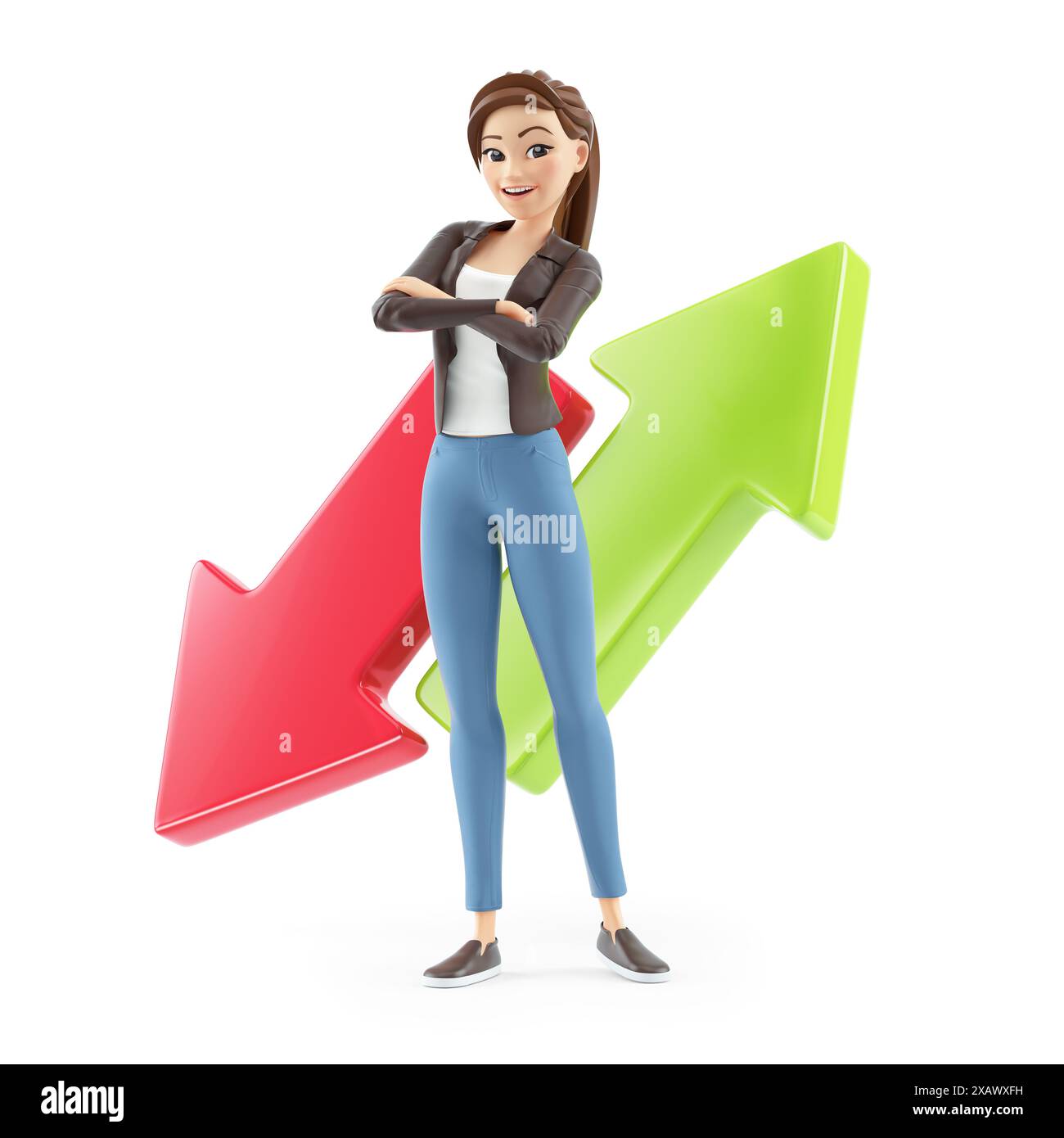 3d cartoon woman in front of up and down arrows, illustration isolated ...