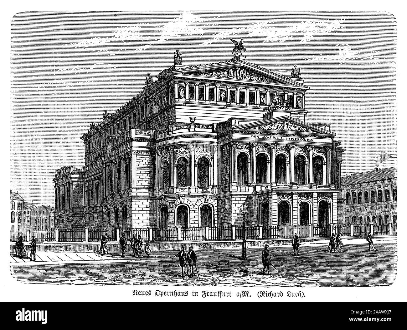 The 'Alte Oper (Old Opera) concert hall in Frankfurt am Main' engraving exquisitely captures the architectural brilliance of this renowned concert hall designed by Richard Lucae. The detailed depiction showcases the grand neoclassical facade, adorned with intricate sculptures, majestic columns, and ornate decorative elements. The engraving highlights the elegant symmetry and grandeur of the building, reflecting its significance as a cultural and architectural landmark in Frankfurt. The perspective draws viewers into the timeless beauty and historical importance of the Alte Oper, celebrating it Stock Photo