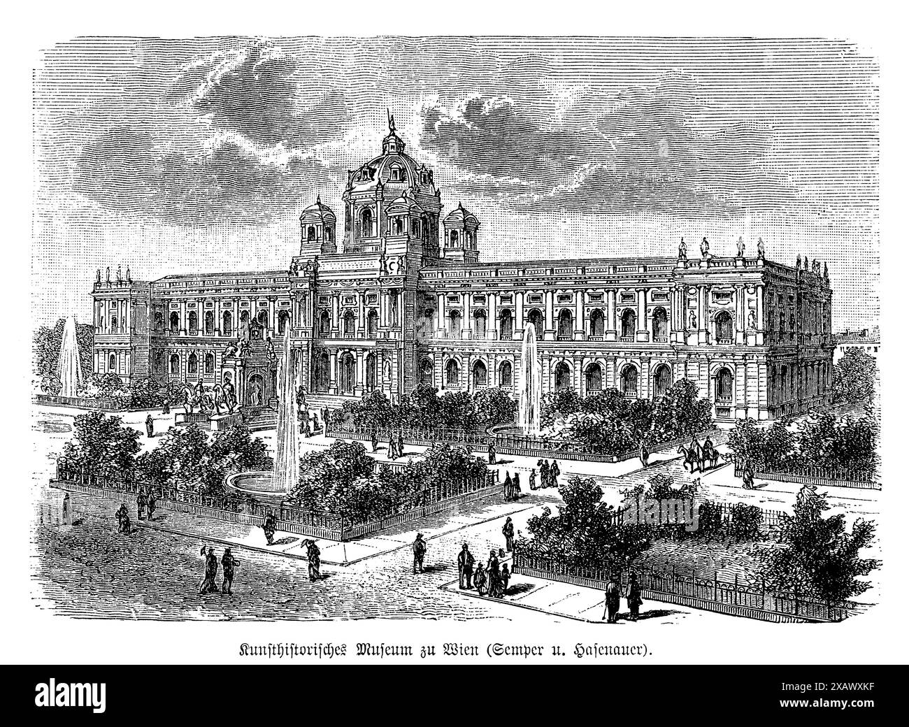 The 'Museum of Fine Arts, Vienna - Kunsthistorisches Museum' engraving magnificently illustrates the architectural grandeur of this renowned institution. Designed by Gottfried Semper and Karl Freiherr von Hasenauer, the museum is an epitome of historicist architecture, featuring a majestic facade adorned with classical columns, intricate sculptures, and ornate decorations. The engraving captures the symmetrical design and impressive dome that crowns the building. This artwork reflects the museum's significance as a cultural treasure trove, housing vast collections of art and artifacts, and hig Stock Photo