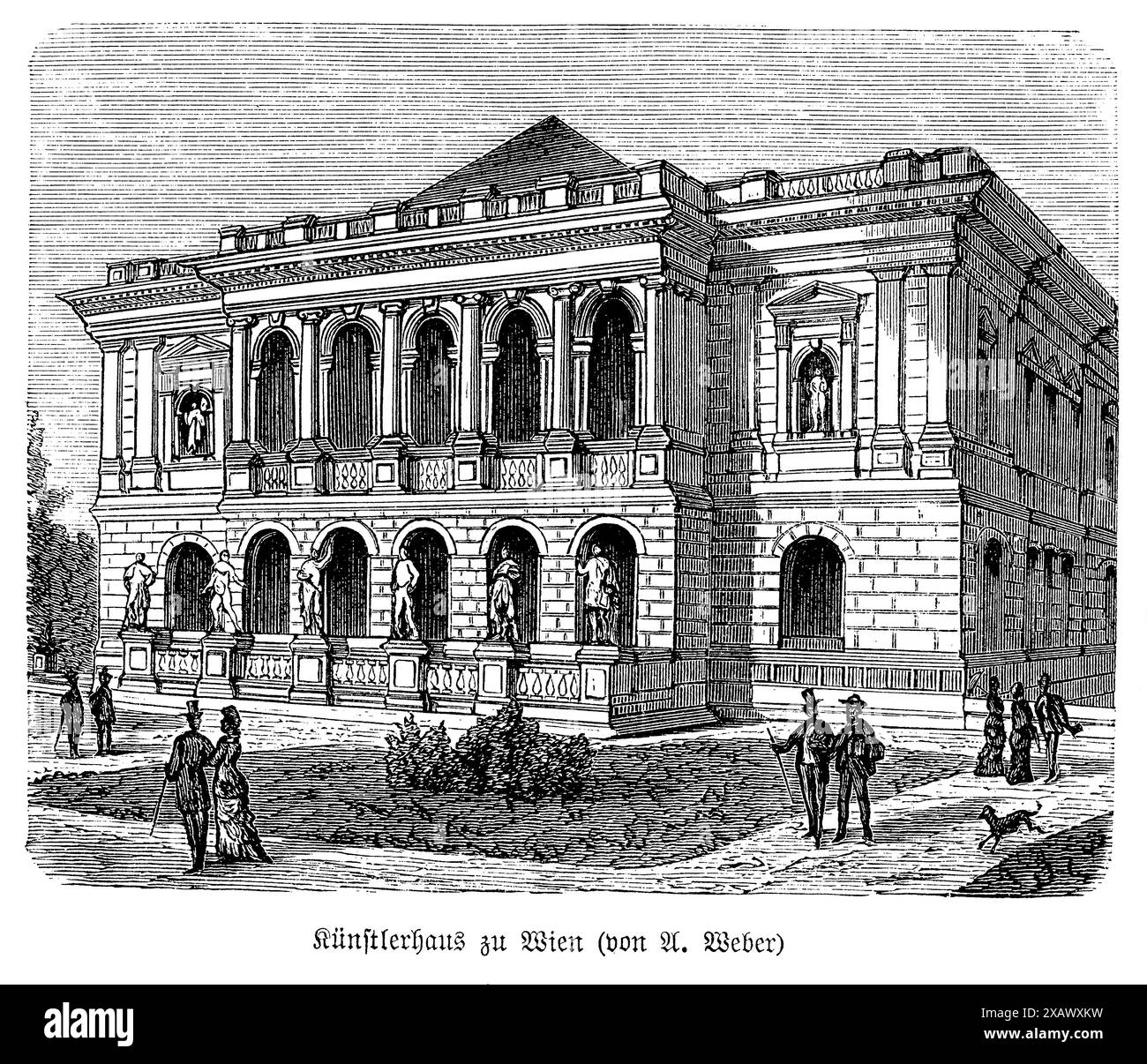 The 'Vienna Kuenstlerhaus' engraving exquisitely portrays the architectural beauty and cultural significance of this historic building, originally designed as an artists' collective. The artwork showcases the Renaissance Revival style with its elegant facades, intricate sculptures, and detailed ornamental elements. The engraving highlights the symmetrical design, grand entrance, and artistic decorations that reflect the Künstlerhaus's role as a pivotal center for art and exhibitions in Vienna. This depiction celebrates the building's enduring legacy in fostering artistic creativity and its imp Stock Photo