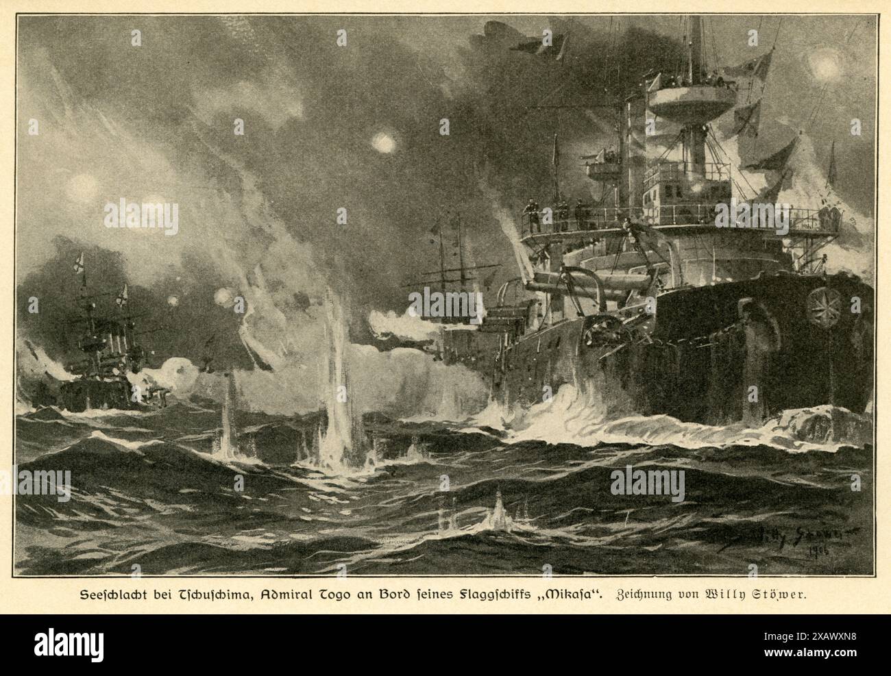 Asien ,  Seeschlacht bei Tschuschima ( Tsushima ) , Admiral Togo an Bord seines Flagschiffes ' Mikasa ' , Zeichnung von Willy Stöwer , Motiv aus :  Seehelden und Seeschlachten in neuerer und neuester Zeit , von Korvetten-Kapitän a. D. von Holleben, Verlag von Otto Spamer, Leipzig, 1913 .  Rechte werden nicht vertreten .  /  Asia, naval battle of Tsushima, Russian-Japanese War, Admiral Togo on the flagship Mikasa , drawing by Willy Stöwer,  image from :  Seehelden und Seeschlachten in neuerer und neuester Zeit (  Sea heroes and naval battles in recent times ) , by captain von Holleben , publish Stock Photo