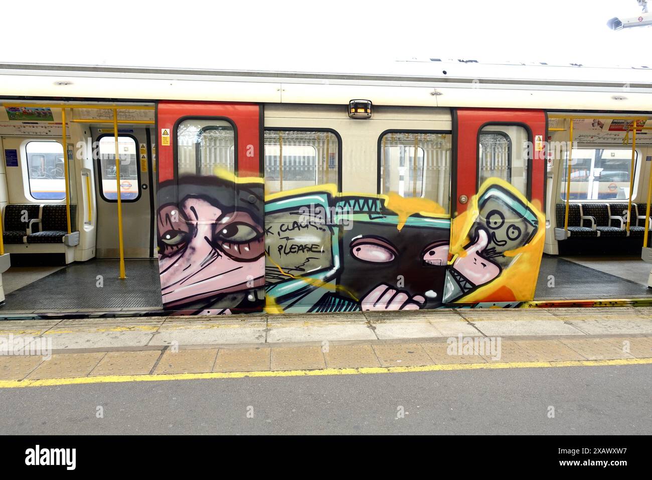 It's like the 1980s again - graffiti art on the London Underground tube trains, in 2024. Stock Photo