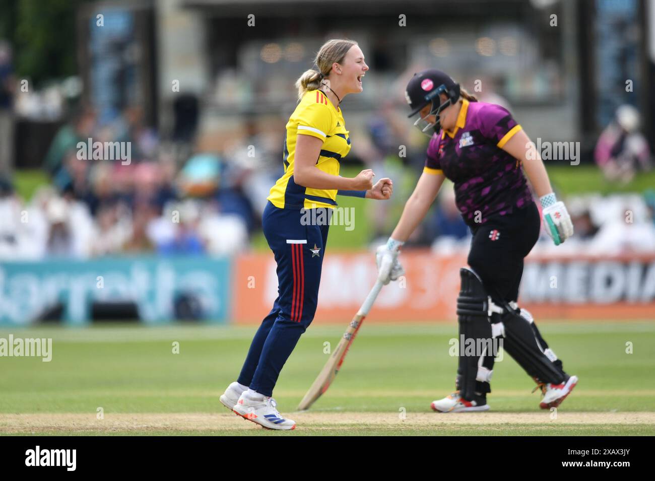 Canterbury, England. 9th Jun 2024. Tilly Corteen-Coleman celebrates during the Charlotte Edwards Cup fixture between South East Stars and Central Sparks at the Spitfire Ground, St Lawrence. Kyle Andrews/Alamy Live News. Stock Photo