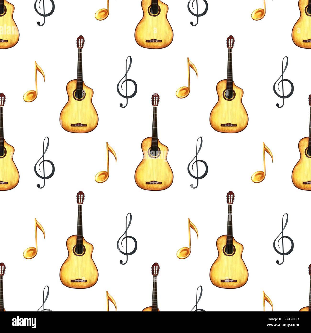 Musical seamless pattern with guitars and notes. The watercolor ...
