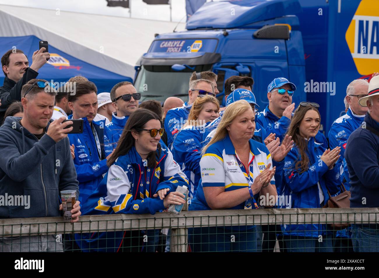 Andover, UK. 9th June 2024. Laser Tools Racing Team members celebrate ...