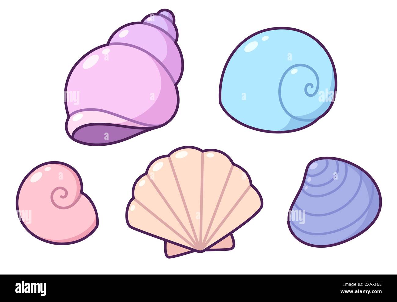 Cute cartoon shell collection drawing. Seashells, conch, snail shells ...