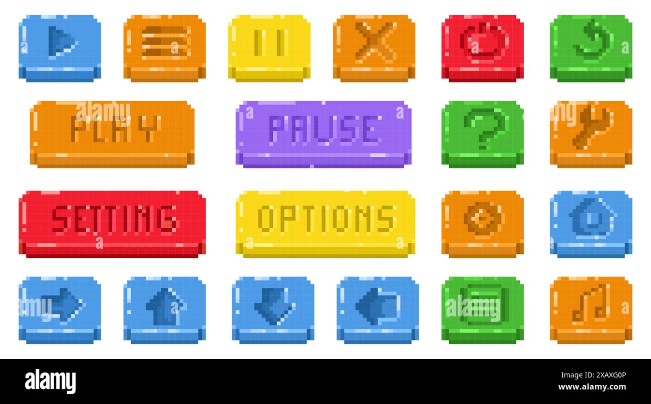 Pixel menu buttons. Retro video game interface icons, 8 bit game panel ...