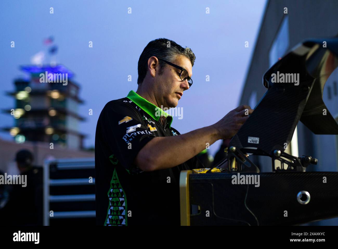 May 26, 2024, Speedway, In, USA: The crew of Juncos-Hollinger Racing work on the car prior to the 108th Running of the Indianapolis 500 at the Indianapolis Motor Speedway in Speedway IN. (Credit Image: © Walter G. Arce Sr./ASP via ZUMA Press Wire) EDITORIAL USAGE ONLY! Not for Commercial USAGE! Stock Photo