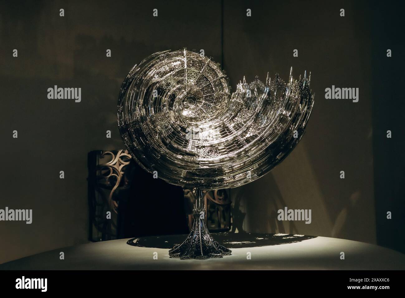 Paris, France - March 9, 2024: 'Nautilus Penta' by Wim Delvoye, 2013. Laser-cut stainless steel. Stock Photo
