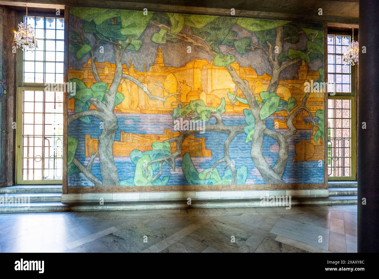 Murals by Prince Eugene. The prince painted on the walls for five years. The motifs reflect the view from the window with the old town and Lake Mälaren. Stockholm City Hall (Stockholms stadshus). Waterside government offices completed in 1923 & made from red brick with a lantern-topped tower. Stadshusträdgården, Stockholm, Sweden Stock Photo