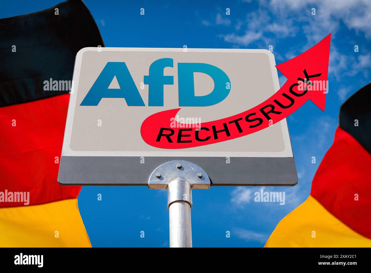 09 June 2024: Shift to the right in Germany. Concept image of the rise of the AfD - Alternative for Germany, right-wing political change in the government due to the party s increase in votes. PHOTOMONTAGE *** Rechtsruck in Deutschland. Konzeptbild zum Aufstieg der AfD - Alternative für Deutschland, rechte politische Veränderung der Regierung durch den Zuwachs an Stimmen der Partei. FOTOMONTAGE Stock Photo