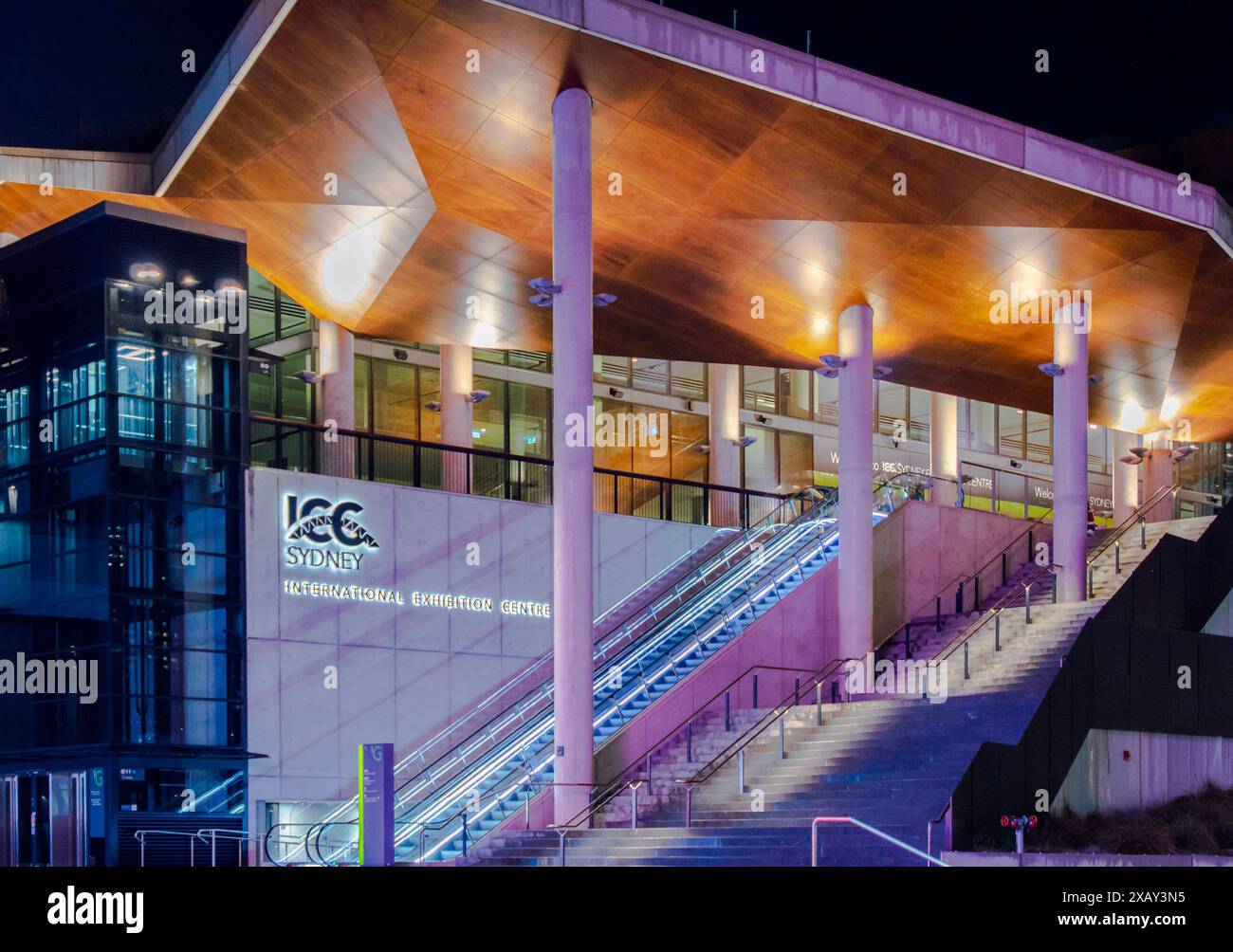 Sydney, Australia, July 23, 2023. Front view of the ICC Sydney illustrated with colorful lights