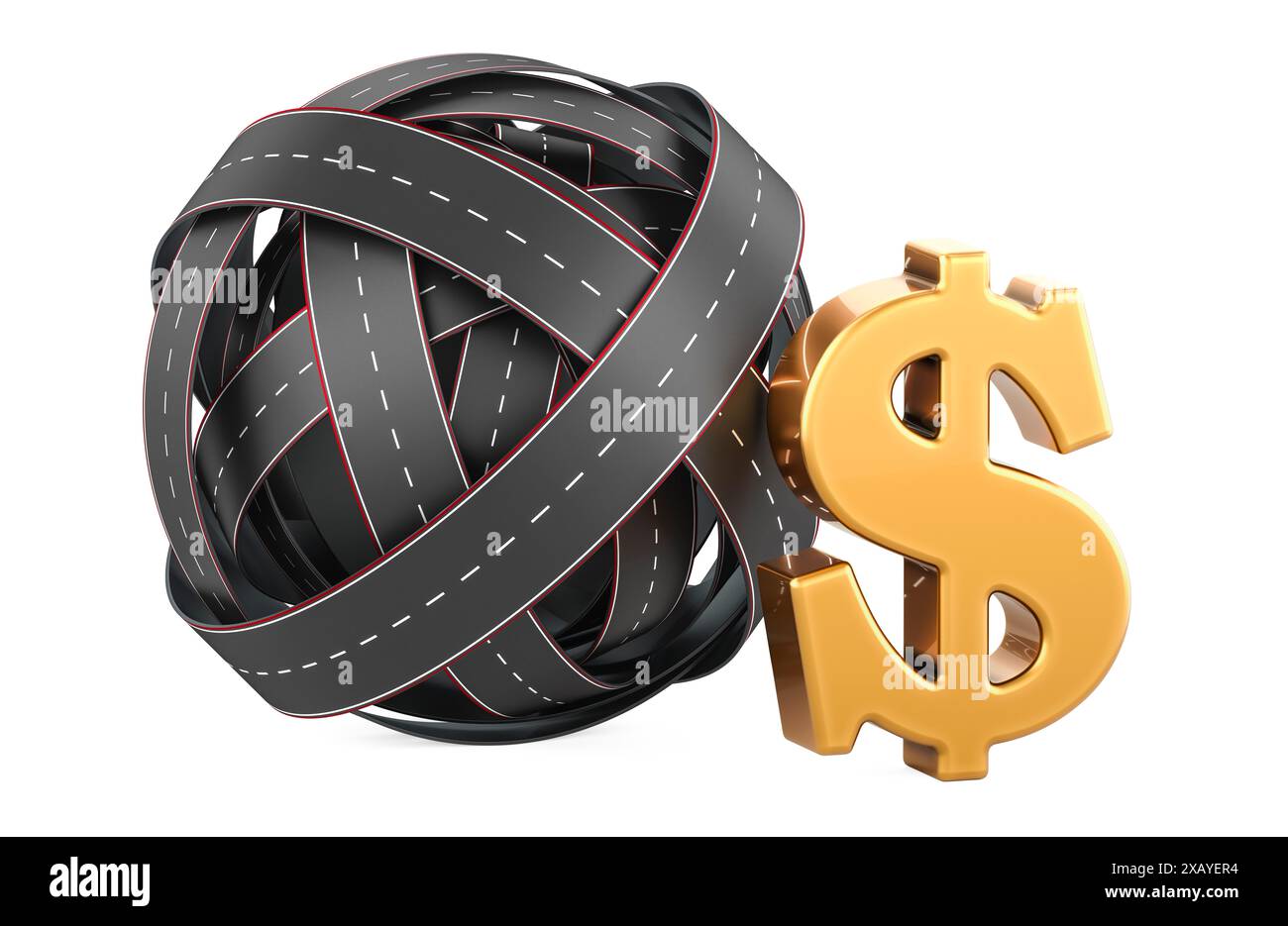 Roads knot with dollar sign. Toll road, concept. 3D rendering isolated ...