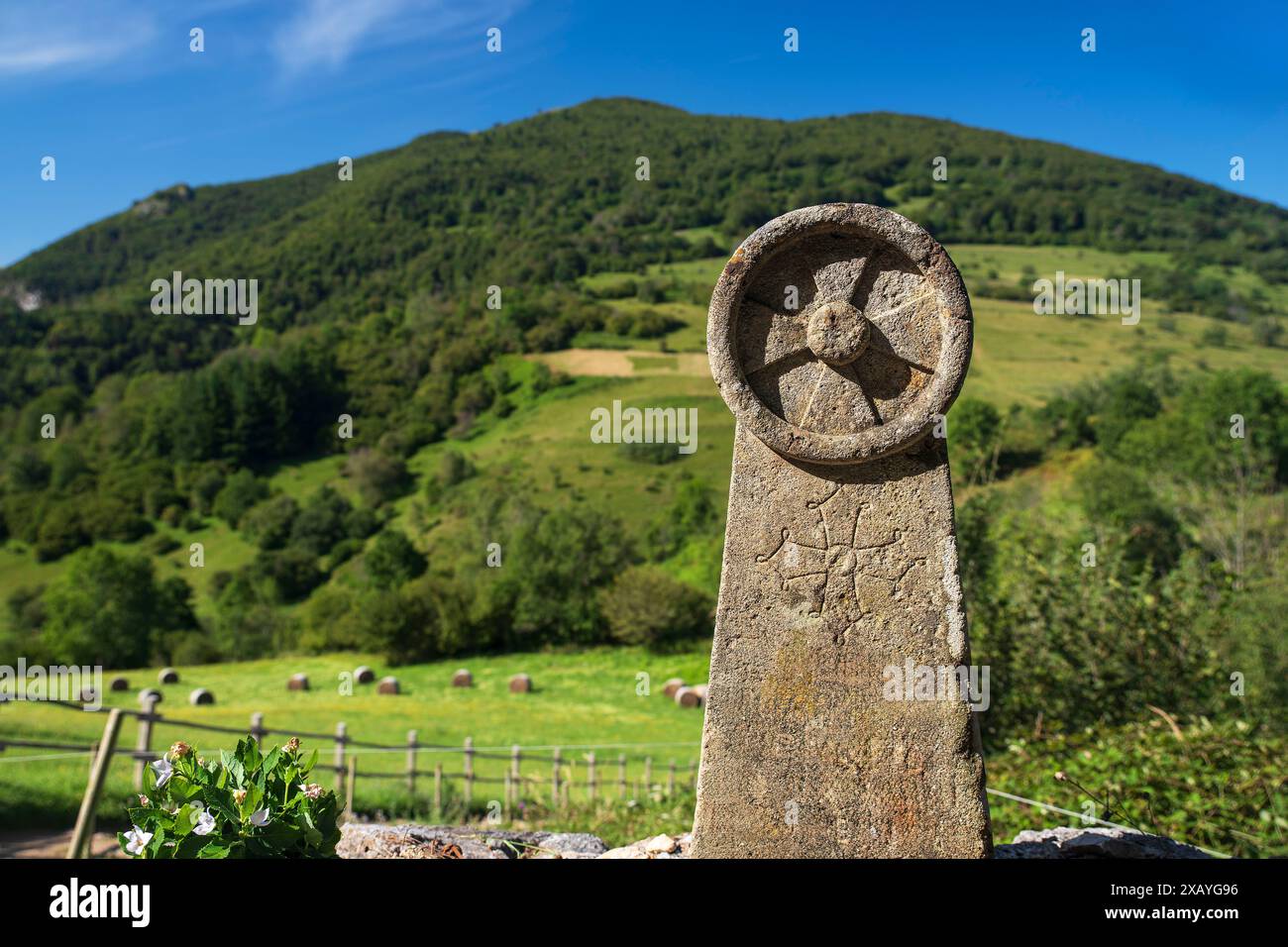 Landscape and village in Ariège in the Pyrenees in France, view of ...