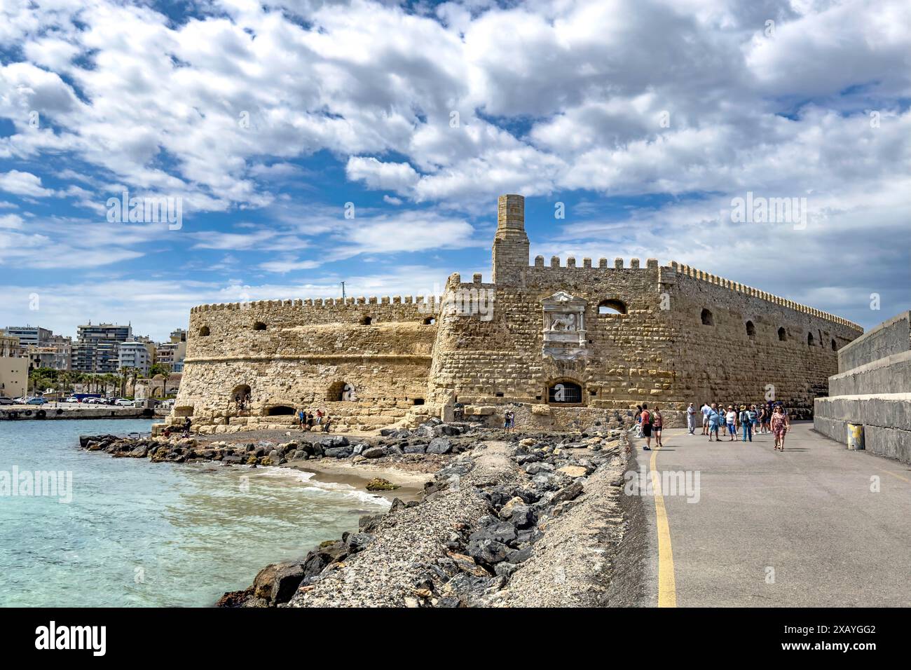 Sea side view from sea harbour entrance to see outer wall of fortress built in medieval times 16th century by Republic of Venice old name Castello Stock Photo
